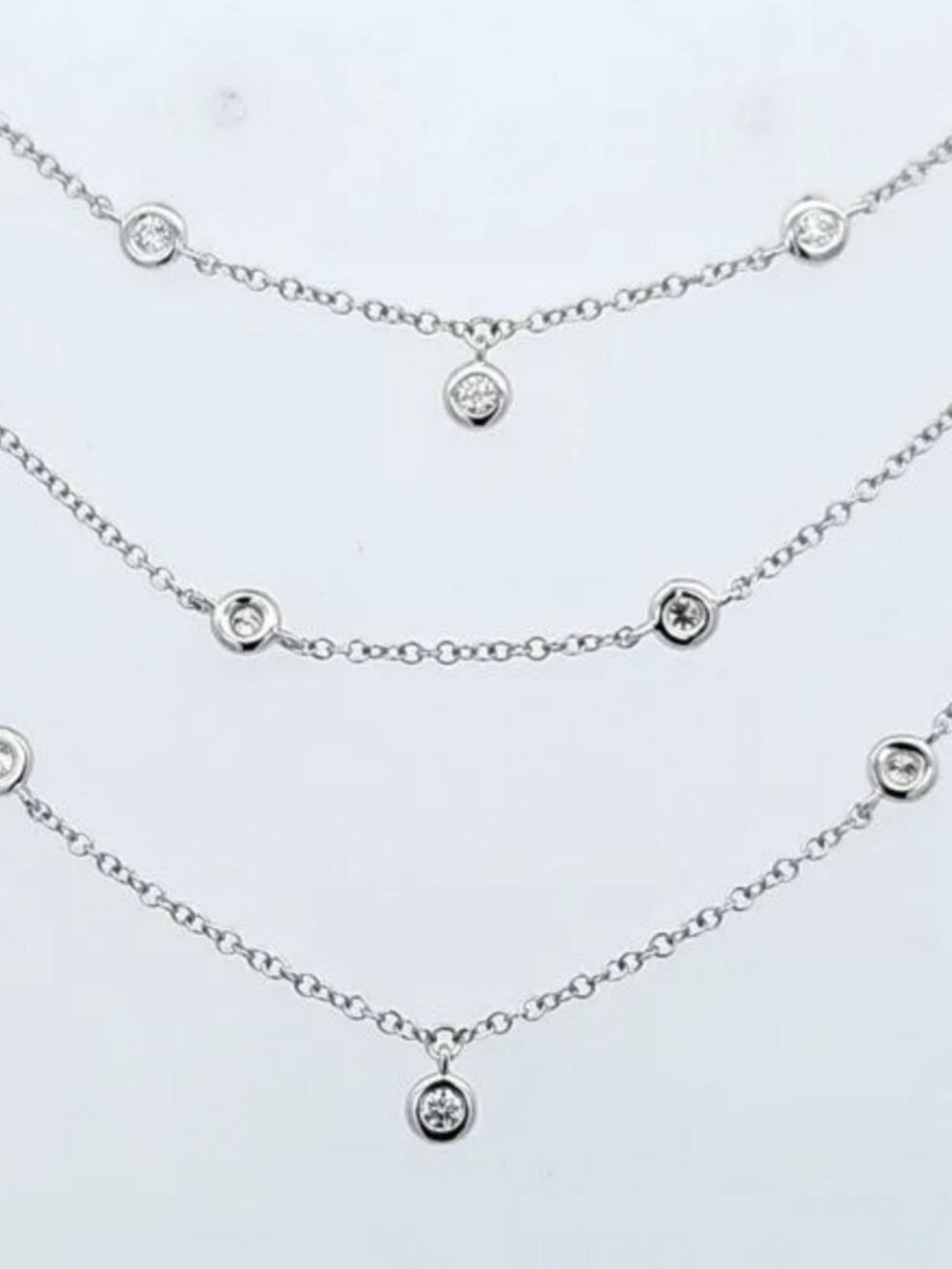 Adjustable 14K WhiteGold Natural Diamond 3 Strand Bezel Layered Station Necklace